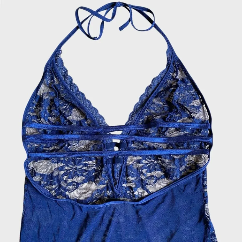 Avidlove Women's Lace Chemise Halter Dress Size L Navy Blue Feminine Bodycon